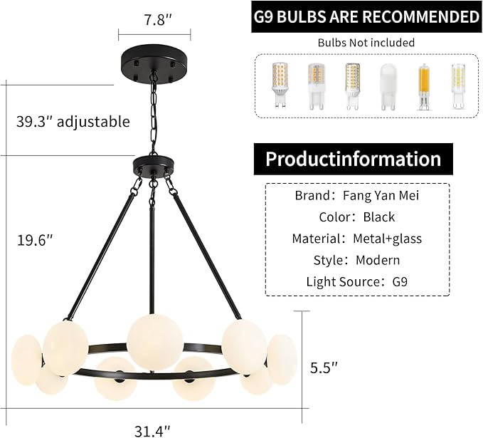 Modern Chandelier,Large Black Wagon Wheel Chandelier,Sputnik Pendant Light Fixture Over Table,Glass Globe Chandelier for Dining Room and Living Room