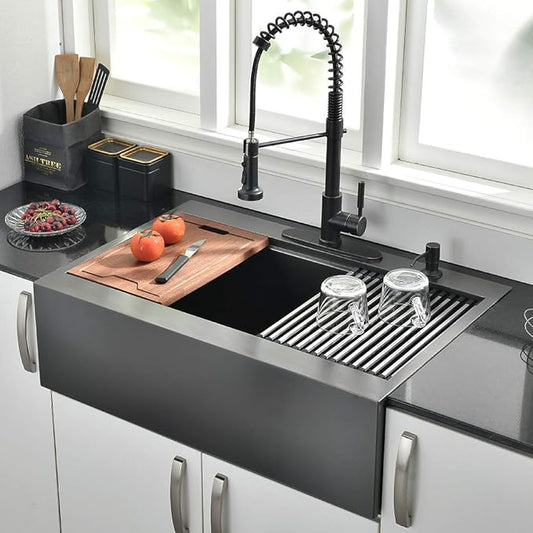 30 Inch Black Farmhouse Kitchen Sink Drop In Workstation - 30 inch Apron Front Farmhouse Sink Workstation Kitchen Sink Single Bowl 16 Gauge Stainless Steel Farm Sink