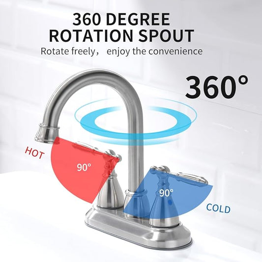 Brushed Nickel Bathroom Faucets - 4In Two Handles Centerset Bathroom Sink Faucet | 2 or 3 Hole Vintage Lavatory Vanity Sink Faucets 360° Swivel Spout with Overflow Pop-up Drain & Water Hoses