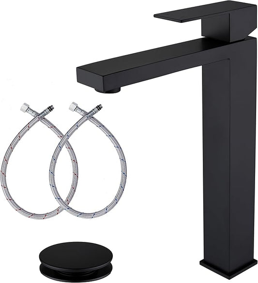 Matte Black Vessel Sink Faucet, Single Hole Tall Bathroom Faucet for Vessel Sink, Stainless Steel Black Matte Faucet with Pop Up Drain & Supply Hose, AML-11411-BK