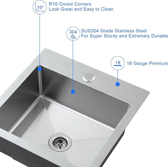 MENATT 15x15 inch Drop-in Bar Sink with 1 Faucet Hole, T-304 Stainless Steel Handmade Single Bowl Kitchen Rv Sink with 2" Drain Hole, Brushed