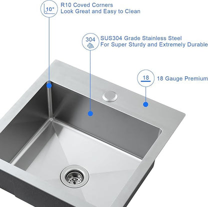 MENATT 15x15 inch Drop-in Bar Sink with 1 Faucet Hole, T-304 Stainless Steel Handmade Single Bowl Kitchen Rv Sink with 2" Drain Hole, Brushed