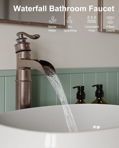 BWE Vessel Sink Faucet Waterfall Antique Copper Single Hole with Pop Up Drain Stopper Without Overflow and Supply Lines One Handle Vanity Basin Bath Sink Mixer Tap