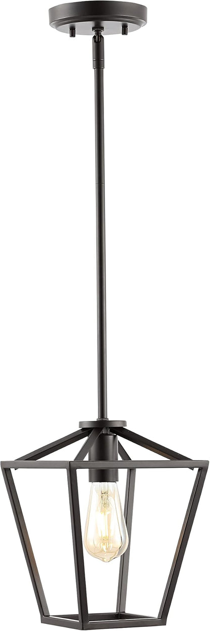 JONATHAN Y 7.88" Oil Rubbed Bronze 1-Light Industrial Farmhouse Iron LED Pendant Light, Adjustable Cage Lantern for Kitchen Island, Dining Room, Foyer, Iron Shade JYL7580A
