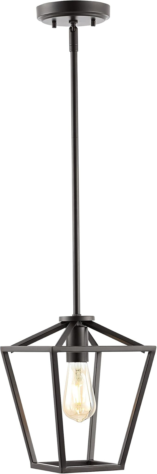 JONATHAN Y 7.88" Oil Rubbed Bronze 1-Light Industrial Farmhouse Iron LED Pendant Light, Adjustable Cage Lantern for Kitchen Island, Dining Room, Foyer, Iron Shade JYL7580A