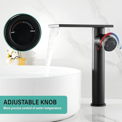 becola Modern Matte Black Bathroom Faucet，Tall Waterfall Faucet for Bathroom Sink，Single Hole Cold and Hot Basin Mixer Tap，Single Handle Vanity Faucet with Adjust Knobs and Two Supply Lines