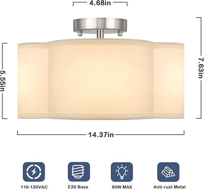 4-Light Semi Flush Mount Ceiling Light Fixture, Silver Modern Close to Ceiling Lamp with White Fabric Shade, Contemporary Bright Lighting for Nursery Kids Baby Room Kitchen Bedroom Hallway Entryway