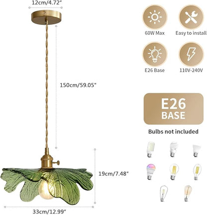 Vintage Pendant Lights Green Glass Pendant Lighting Kitchen Island Hand Blown 1-Light Brass Pendant Light Farmhouse Hanging Light fixtures with Glass Shade for Dining Room Bedroom