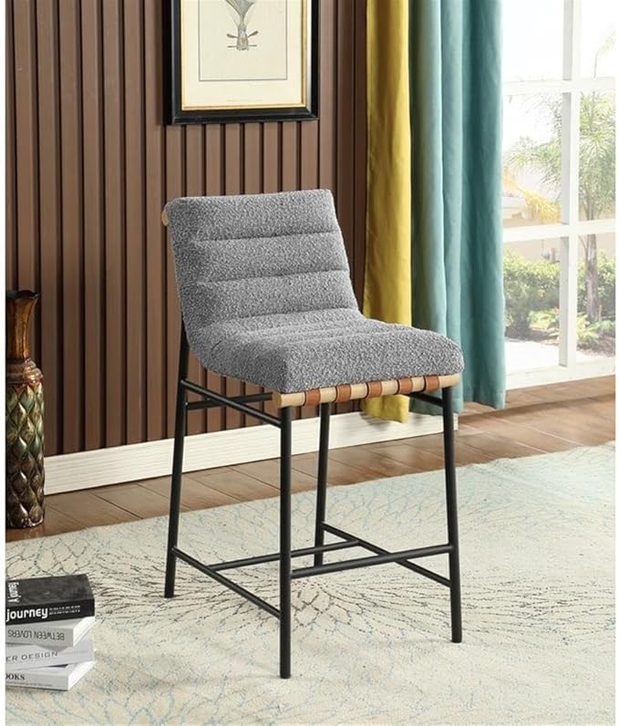 Lilola Home Lahni 18" W Gray Boucle Fabric Counter Height Chair – Contemporary Upholstered Bar Stool with Cognac PU Leather Detail and Fully Assembled Design for Kitchen Dining Room