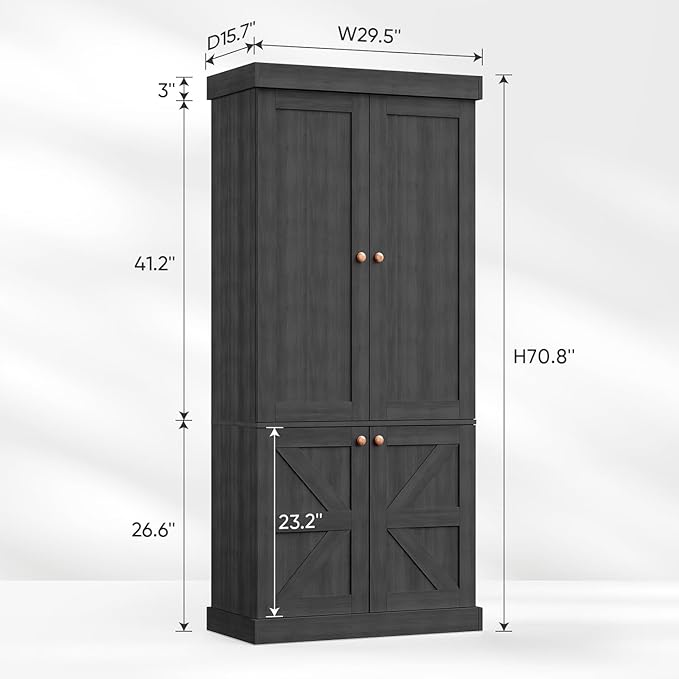 70.8" Tall Kitchen Pantry Cabinet with Doors, Farmhouse Modular Storage Cabinet with 4-Tier Adjustable Shelves, Large Storage Cabinet for Kitchen or Living Room, Set of 2, Black