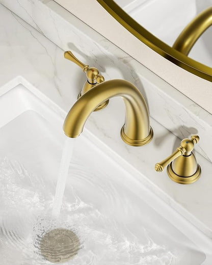 FORIOUS Brushed Gold Faucet for Bathroom Sink 3 Hole, 8 Inch Widespread Bathroom Faucet with Pop Up Drain and Water Hose Supply, 2 Lever Handles Design, for Commercial Vanity RV Lavatory Camper Sink