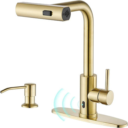 AVSIILE Brushed Gold Touchless Kitchen Faucets with Pull Down Sprayer & Soap Dispenser, Waterfall Single Hole & Handle, Pull Out Sink Faucet, Suitable for Farmhouse Camper Laundry Rv Bar