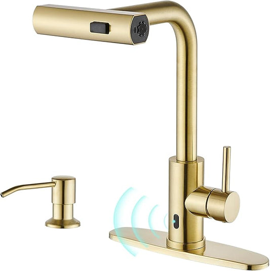AVSIILE Brushed Gold Touchless Kitchen Faucets with Pull Down Sprayer & Soap Dispenser, Waterfall Single Hole & Handle, Pull Out Sink Faucet, Suitable for Farmhouse Camper Laundry Rv Bar