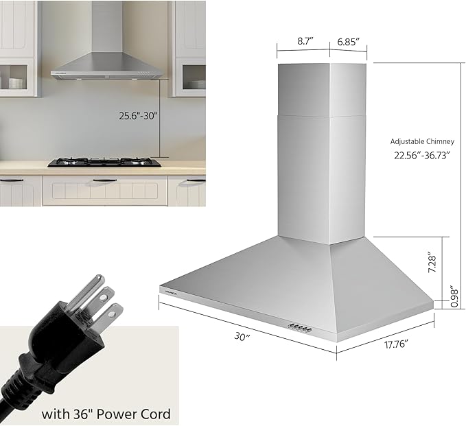 Range Hood 30 inch, 450 CFM Wall Mount Kitchen Hood in Stainless Steel with LED Lighting, 3 Speed Exhaust Fan, Ducted/Ductless Convertible (Charcoal Filters Included)