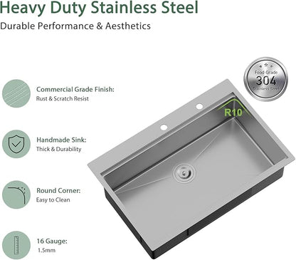 33x22 Drop In Kitchen Sink Workstation - Couoko 33 Inch 16 Gauge T304 Stainless Steel Drop In Sink Large Deep Handmade Single Bowl Kitchen Sinks with Accessories, 33"x22"x9"