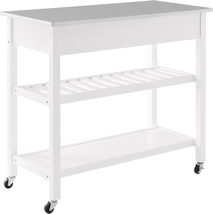 Crosley Furniture Chloe Stainless Steel Top Rolling Kitchen Island Storage Cart, Microwave Stand, Wine Rack, White