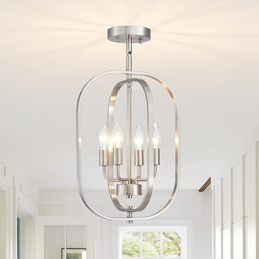 XINGQI 12.2" Modern Brushed Nickel Ceiling Lights Farmhouse Small Mini Chandelier 4-Light Semi Flush Mount Ceiling Light Fixture for Entryway Dining Room Kitchen Foyer