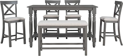 VilroCaz Modern Elegant 6-Piece Counter Height Kitchen Dining Table Set, Solid Wood 60'' Rectangle Table with Bottom Shelf, 4 Comfort Upholstered Chairs 1 Bench for Dining Room Restaurant (Gray)