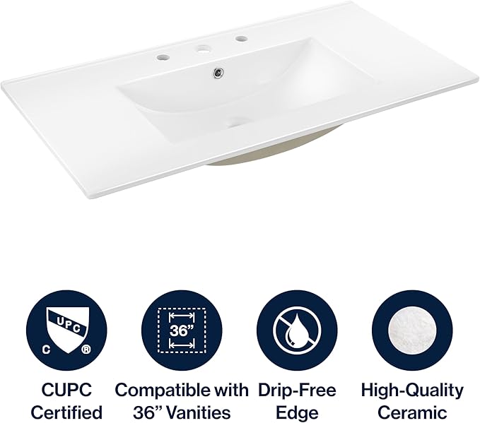 JONATHAN Y SNK1003A Ancillary 3-Hole 36 in. W x 18.25 in. D Classic Contemporary Rectangular Ceramic Single Sink Basin Vanity Top, White