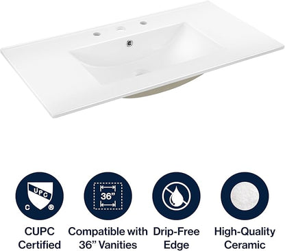 JONATHAN Y SNK1003A Ancillary 3-Hole 36 in. W x 18.25 in. D Classic Contemporary Rectangular Ceramic Single Sink Basin Vanity Top, White