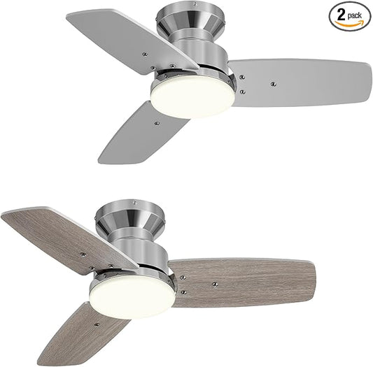 42 Inch Ceiling Fans with Lights and Remote, Bedroom Living Room Office, Flush Mount, 3CCT Dimmable, Dual Color 3 Blades 6 Speed Reversible Quiet DC Motor, Chrome-Plated/Wood Grain, 2 Pack