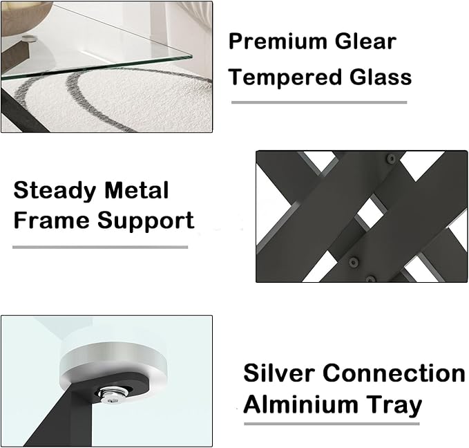 Henf 51in Glass Dining Table for 4 or 6, Rectangle Kitchen Table with X Shape Metal Legs, Tempered Glass Top Dining Room Table for 4