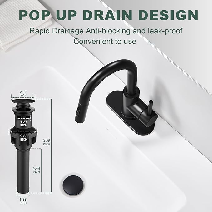 Matte Black Bathroom Faucets for 1 or 3 Hole, Single Handle Bathroom Sink Faucet with Pull Down Sprayer, Vanity Faucet with Pop-Up Drain and Deck Plate for Bar Laundry Basin