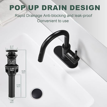 Matte Black Bathroom Faucets for 1 or 3 Hole, Single Handle Bathroom Sink Faucet with Pull Down Sprayer, Vanity Faucet with Pop-Up Drain and Deck Plate for Bar Laundry Basin