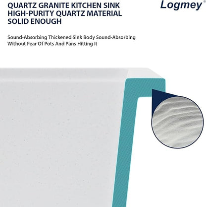 Logmey 33" White Granite Composite Undermount Sink,33x19 All in One Workstation Single Bowl Quartz Sinks,Scratch-resistant,Large Deep Under Counter Sink for Minimalist & Scandinavian Style Kitchen