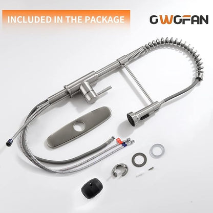 OWOFAN Kitchen Faucet Low Lead Commercial Solid Brass Single Handle Single Lever Pull Out Pull Down Sprayer Spring Kitchen Sink Faucet, Brushed Nickel Kitchen Faucets 866053SN