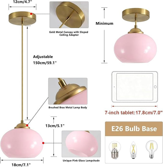 KCO Lighting Pink Globe Pendant Light Mid Century Modern Small Glass Pendant Lighting Brass Gold Chandelier Nordic Girl Room Kitchen Island