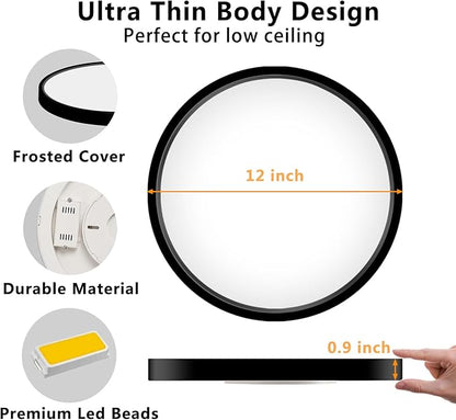 CHARYJOD 2PACK LED Flush Mount Ceiling Light Fixture12Inch, 24W Led Ceiling Light 5000K 2300LM Ultra Thin Flat Surface Panel Light Low Profile Ceiling Light for Bedroom Kitchen Garage Living Room