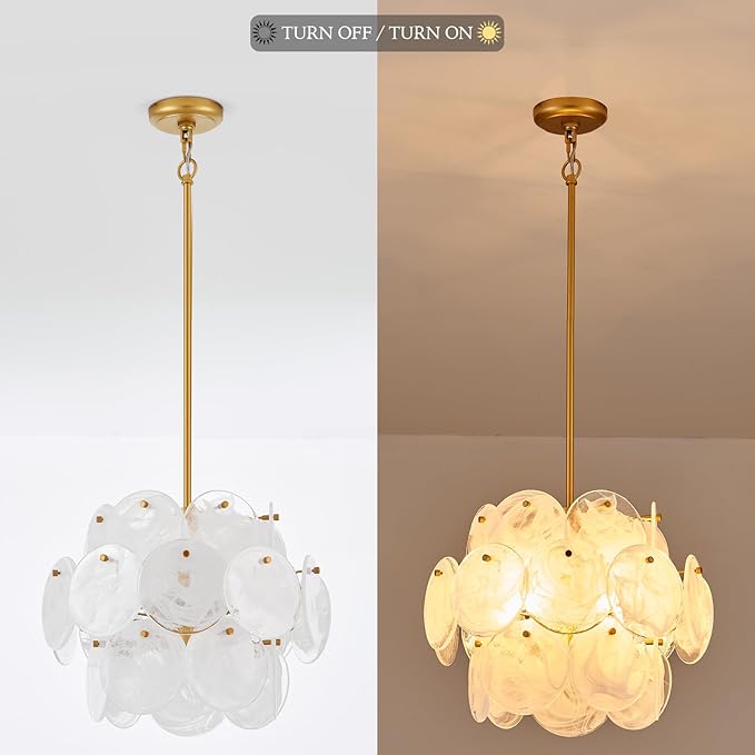 Dia 15.75 Inches Modern Glass Chandelier for Foyer, Gold Dining Room Light Fixture, Large Vintage Pendant Chandelier for Bedroom Entryway Farmhouse