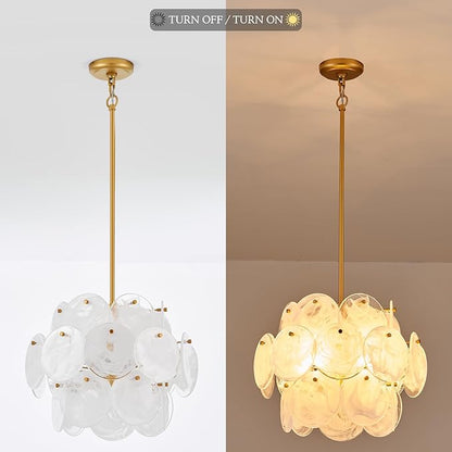 Dia 15.75 Inches Modern Glass Chandelier for Foyer, Gold Dining Room Light Fixture, Large Vintage Pendant Chandelier for Bedroom Entryway Farmhouse