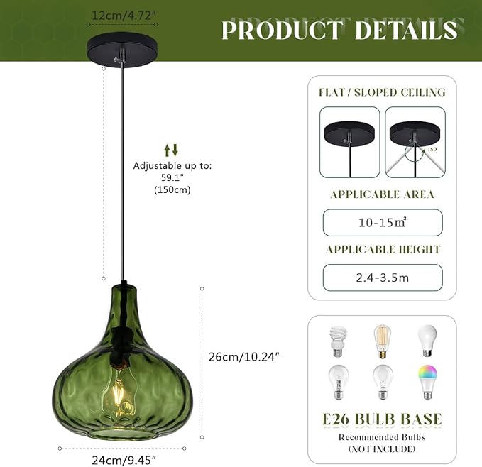 Vintage Pendant Lights Green Glass Hanging Lights Mid-Century Modern Pendant Light Fixtures Black Finish 9.45″ Globe Hammered Shade Adjustable Pendant Lighting Kitchen Sink Farmhouse