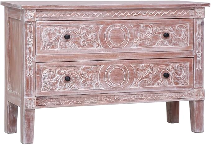 Mid Century Modern Sideboard with 2 Drawers 35.4 Inch Solid Mahogany Wood Cabinet for Living Room Dining Room Storage Furniture White Wash Finish