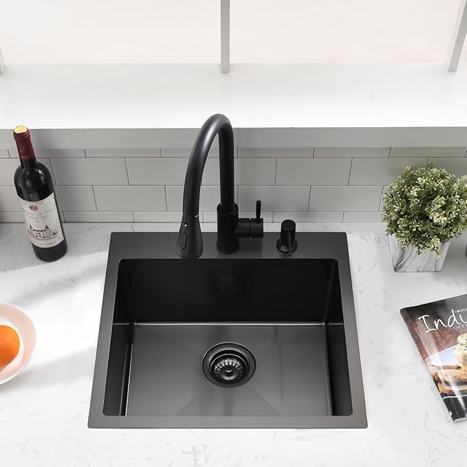 20-inch Drop In Bar Sink Black - VOKIM 20"x 19" Drop in Kitchen Sink Top Mount Handmade Small Kitchen Bar Sink 16 Gauge Stainless Steel Single Bowl sink Brushed Nickel, With Dish Grid