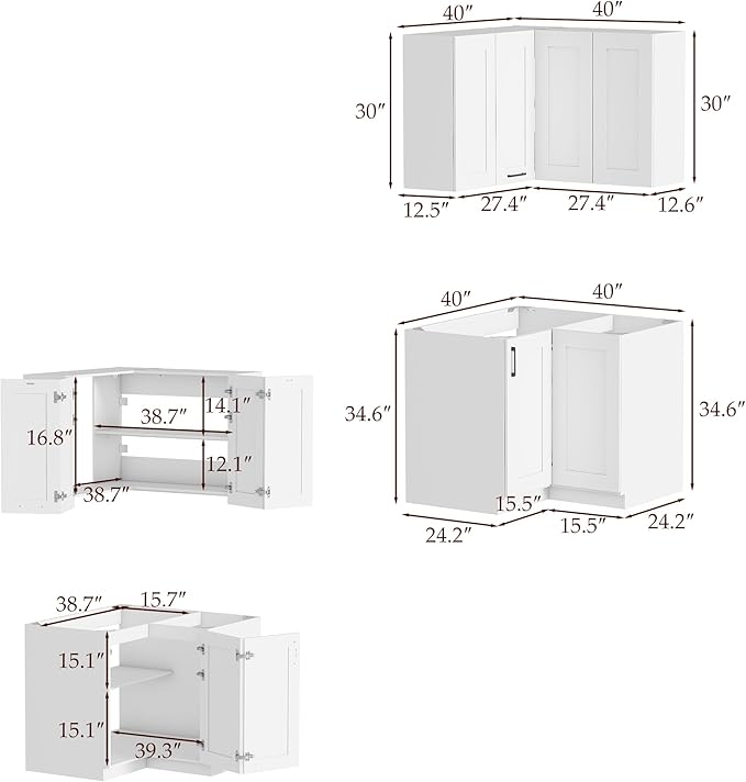 Homsee 40" W Modular Kitchen Pantry with Wall Cabinet, DIY Corner Kitchen Cabinet Set Without Countertop, Modular Storage Cupboard with Bifold Door, Large Storage Set for Dining Room, White