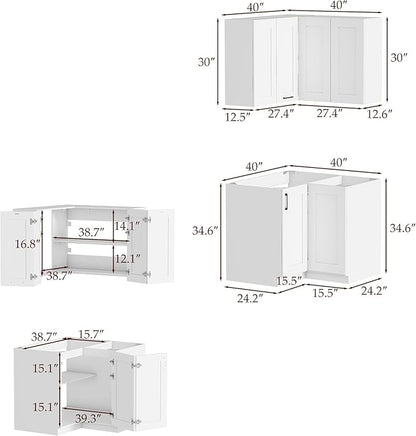 Homsee 40" W Modular Kitchen Pantry with Wall Cabinet, DIY Corner Kitchen Cabinet Set Without Countertop, Modular Storage Cupboard with Bifold Door, Large Storage Set for Dining Room, White