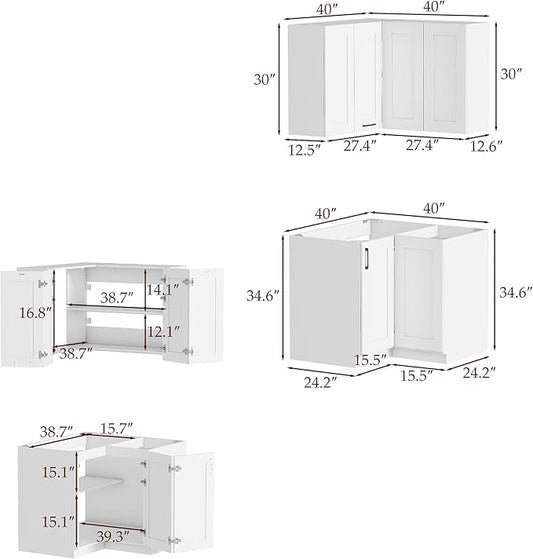Homsee 40" W Modular Kitchen Pantry with Wall Cabinet, DIY Corner Kitchen Cabinet Set Without Countertop, Modular Storage Cupboard with Bifold Door, Large Storage Set for Dining Room, White