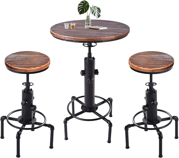Kitchen Table Set, 3 Piece Pub Table Set, Modern Round bar Table and Stools for 2, Bistro Bar Height Table Industrial Bar Stools Height Adjustable Easy Assemble for Kitchen Dining