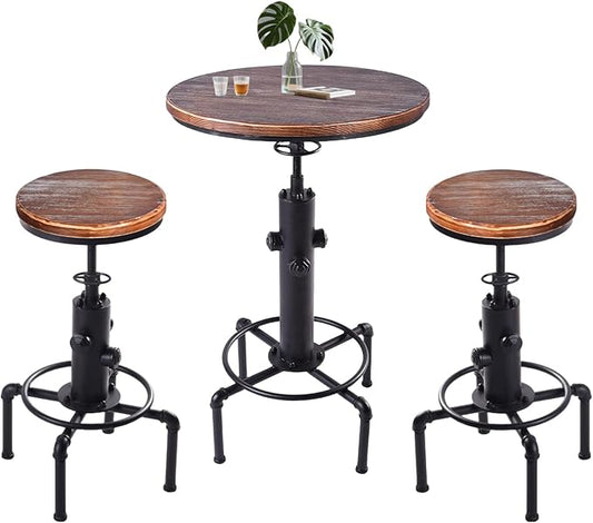 Kitchen Table Set, 3 Piece Pub Table Set, Modern Round bar Table and Stools for 2, Bistro Bar Height Table Industrial Bar Stools Height Adjustable Easy Assemble for Kitchen Dining