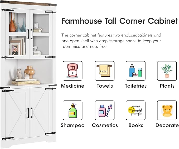 GAOMON Farmhouse Corner Cabinet, Tall Corner Storage with Glass Door & Adjustable Shelves, Bathroom Cabinet with Storage for Living Room, Kitchen, Bathroom, White