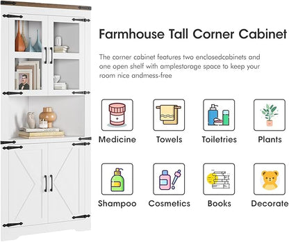GAOMON Farmhouse Corner Cabinet, Tall Corner Storage with Glass Door & Adjustable Shelves, Bathroom Cabinet with Storage for Living Room, Kitchen, Bathroom, White