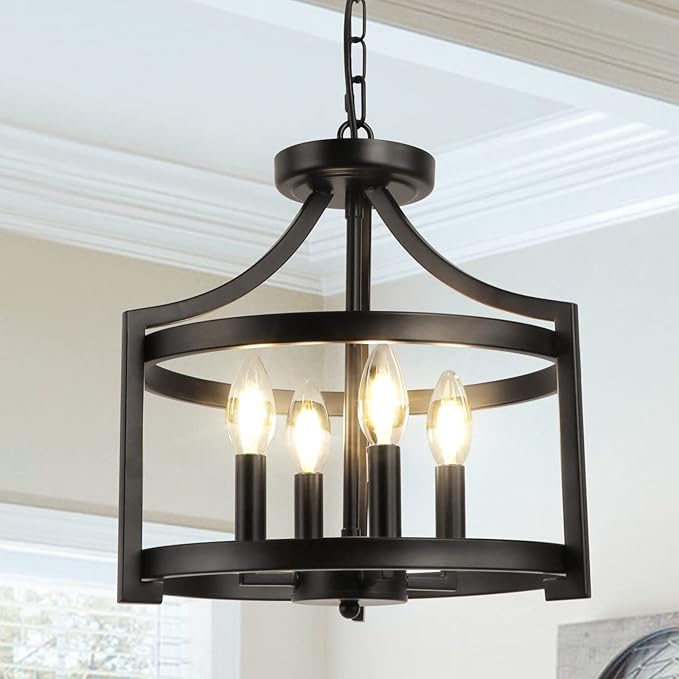 LynPon Black Farmhouse Chandelier 4 Lights, Modern Hanging Pendant Light Convertible Semi Flush Mount Ceiling Light Rustic Metal Round Cage Chandeliers for Dining Room Entryway Foyer Kitchen