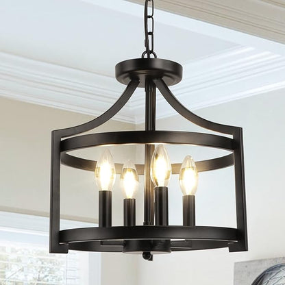 LynPon Black Farmhouse Chandelier 4 Lights, Modern Hanging Pendant Light Convertible Semi Flush Mount Ceiling Light Rustic Metal Round Cage Chandeliers for Dining Room Entryway Foyer Kitchen