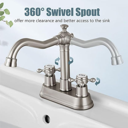 Aolemi 4 Inch Centerset Bathroom Sink Faucet Vintage 2 Cross Handle RV Mixer Tap Basin Vanity Lavatory Utility for Sink 3 Hole Include Hoses Pop Up Drain Faucet Handle with Label Brushed Nickel