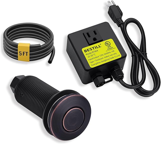 BESTILL Sink Top Garbage Disposal Air Switch Kit - Professional, UL Listed Single Outlet Long Push Button with Brass Cap, Oil Rubbed Bronze/ORB