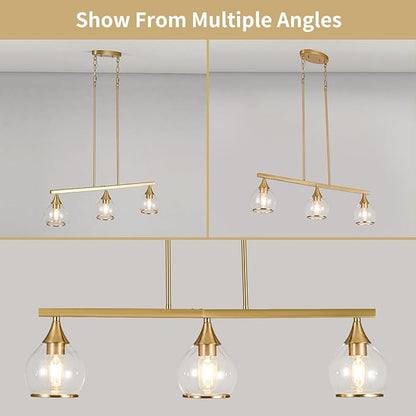 Island Light for Kitchen, 3-Light Gold Kitchen Island Linear Hanging Pendant Chandeliers, Brushed Gold Dining Room Light Fixture Over Table with Clear Round Glass Shades