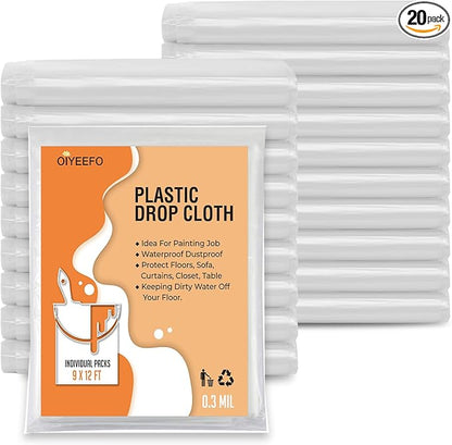 20 Pcs Plastic Sheeting Drop Cloths for Painting, 9x12ft Plastic Tarp Waterproof Dustproof Almost Tear Resistance Multi-Purpose Furniture Cover Floor Wall Protection Film